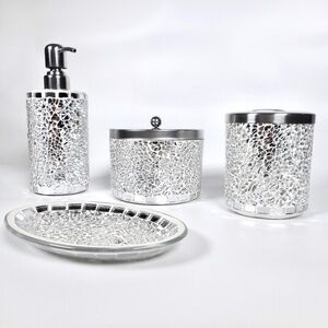 4 pc Mosiac Silver Mirror Glass Soap Dispenser Dish Jar Toothbrush Holder Bling